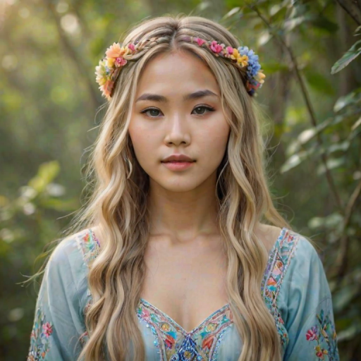 Create an image of a young Hmong woman with long, wavy blonde hair, adorned with small, colorful flowers woven into her braids and loose strands. Her complexion is fair, with soft, glowing skin, and she has light blue eyes that gaze softly at the viewer. She wears a light, flowing dress with a gentle, ethereal quality, complementing her delicate and serene appearance. The background is slightly blurred, drawing focus to her tranquil expression and the intricate details of the flowers in her hair. The overall mood of the image is one of natural beauty and grace, evoking a sense of peacefulness and connection with nature.