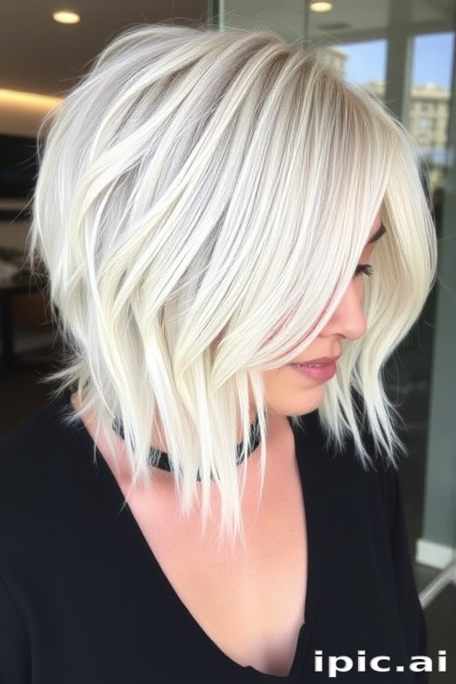 Trendy hair style exhibiting a textured lob with choppy layers and a rooted platinum blonde look blending into icy white ends