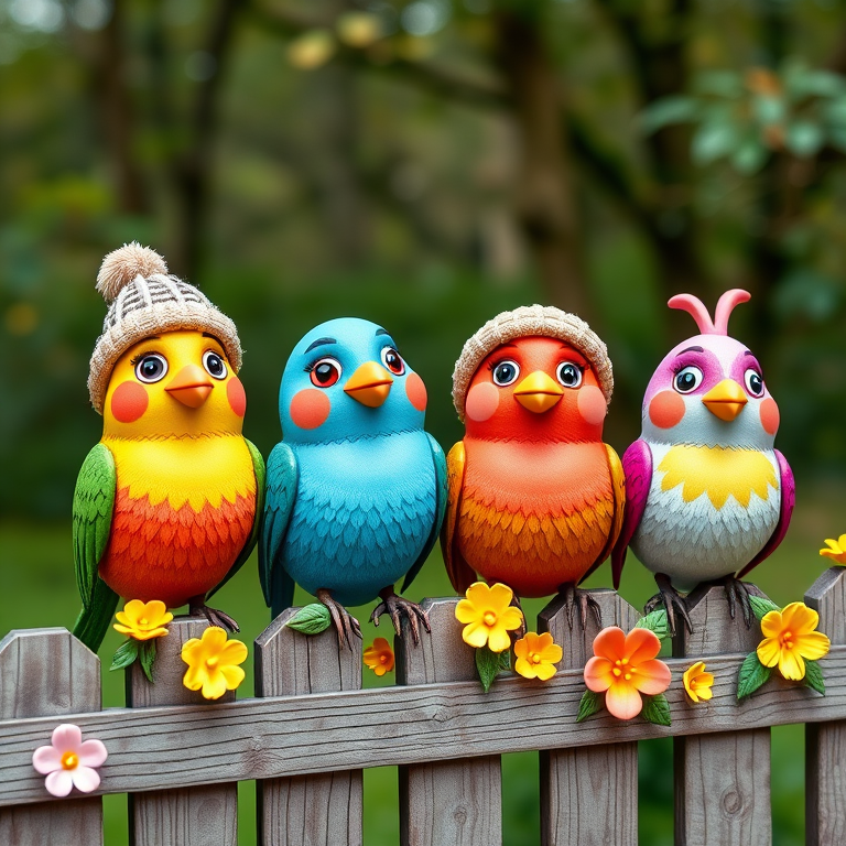 create a scene of 4 quirky  whimsical colourful comical birds each with a funny expression. they are sat on a wooden fence with colourful flowers. they are all different sizes. each one is a different colour  one is wearing a woolly hat. Each one has a different quirky google expression and there is a muted background of trees watercolour paintierly style high definition 8k resolution 3D paper mache
