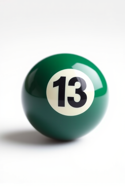 Create a high-resolution image of a billiard ball with the number 13, using a DSLR camera, 50mm lens, f/2.8 aperture, ISO 100, and soft lighting, with a clean white background and slight shadow for depth.