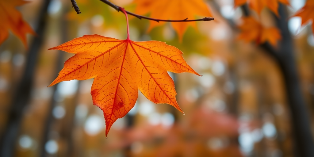 Close-up of a vibrant orange maple leaf hanging from a branch with a blurred background of trees, captured with a DSLR camera, aperture f/2.8, shutter speed 1/250 sec, ISO 100, using a macro lens for enhanced detail and depth of field.