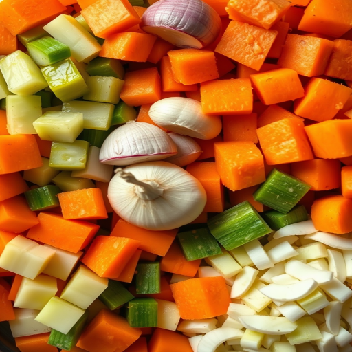 Create an overhead shot of a vibrant assortment of chopped vegetables including carrots, garlic, and celery, using a DSLR camera with a 50mm lens at f/1.8, ISO 100, and a shutter speed of 1/200 sec for enhanced clarity and color saturation.