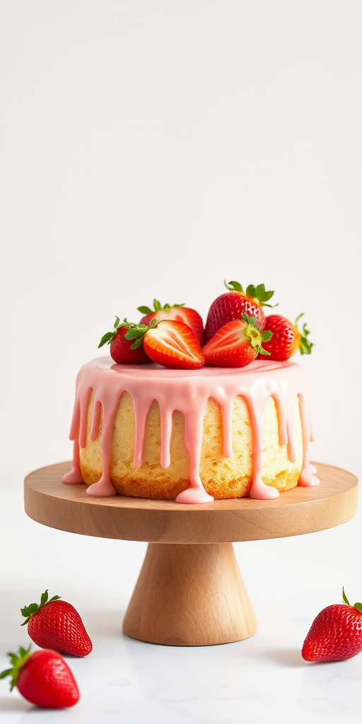 Create an image of a small round cake on a wooden cake stand with pink icing dripping down the sides and topped with fresh strawberries and a few sliced strawberries. The background should be simple and light to enhance the focus on the cake.