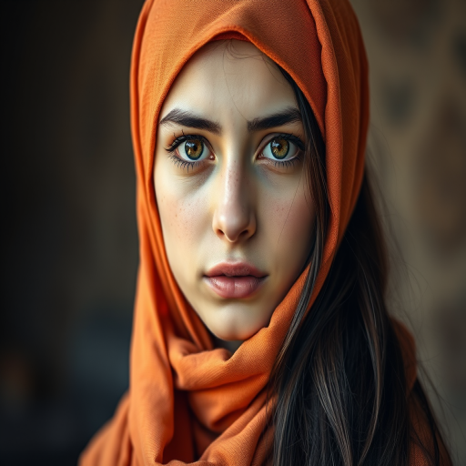Create a portrait of a young Druze female with long, dark hair and captivating hazel eyes. She is wearing a orange headscarf and a matching scarf draped gracefully around her neck. The background is softly blurred, focusing attention on her serene and natural expression. The overall color palette is muted and warm, enhancing the intimate and authentic feel of the portrait.