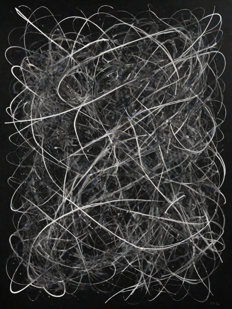 create an abstract black and white artwork featuring chaotic, overlapping scribbles and lines on a dark background