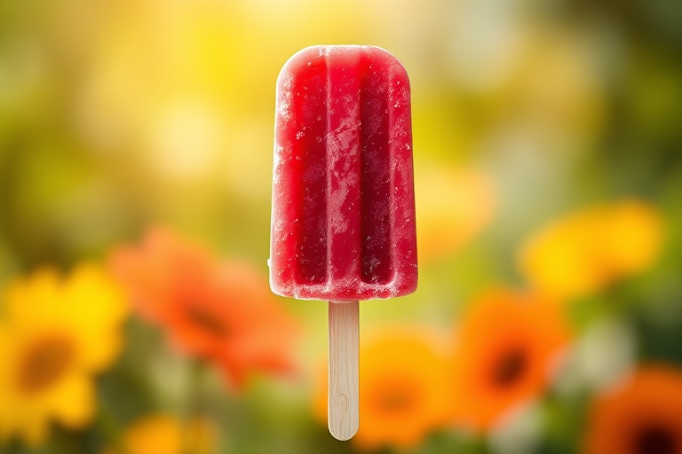 Create a hyper-realistic image of a red popsicle on a wooden stick against a blurred summer background using a DSLR camera with a 50mm lens, aperture f/2.8, ISO 200, and a shallow depth of field for enhanced focus on the popsicle.