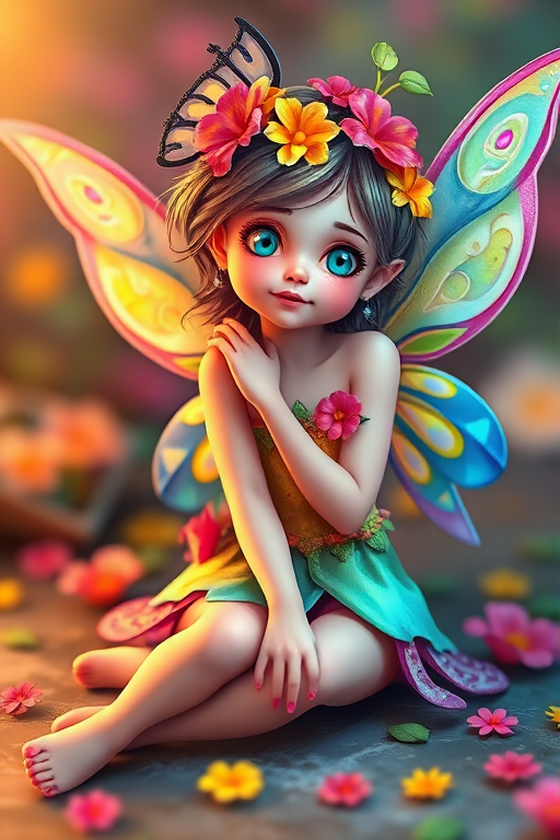 Create a vibrant illustration of a whimsical fairy with colorful wings, adorned with flowers in her hair and around her body, sitting playfully, with a soft-focus effect, warm lighting, 50mm lens, f/2.8 aperture, portrait mode, high-definition digital art style.