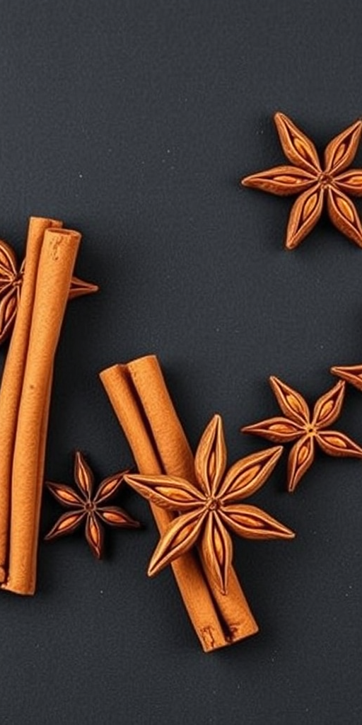 Create an illustration of cinnamon sticks and star anise on a dark background, using a Canon EOS 5D Mark IV, 50mm lens, f/2.8 aperture, 1/125 shutter speed, focused on vibrant colors and sharp details, in a flat lay style.