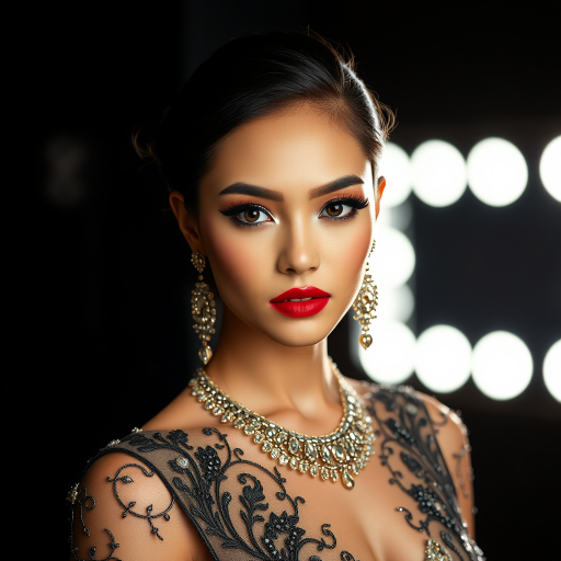 Studio portrait, female model, elegant couture dress, bold makeup, dramatic lighting, Shoot over the shoulder using a telephoto lens to focus on small details like jewelry, makeup, or fabric textures