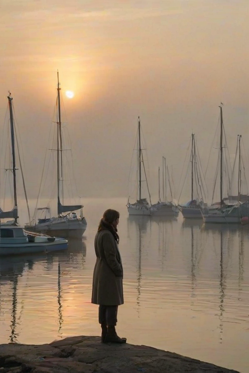 Foggy harbor at dawn, with boats barely visible through the thick mist, a woman stands at the wateres edge, her hands tucked in her coat pockets as she watches the sun rise slowly over the horizon.