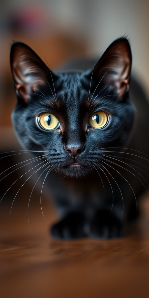 Create a high-resolution image of a stylized black cat, using a 50mm lens at f/1.8, ISO 200, with a shallow depth of field, shot from a low angle with a soft focus background, using a full-frame DSLR camera.