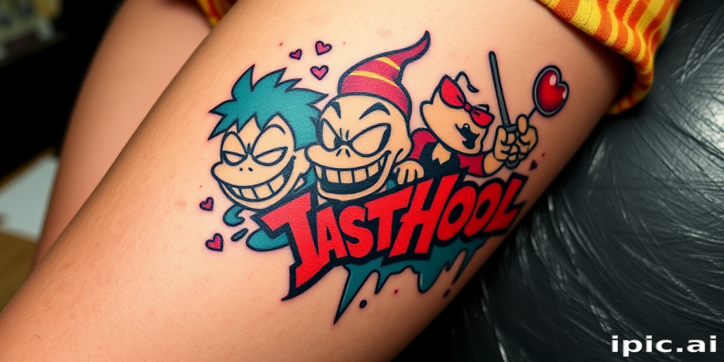 Playful new school tattoo on the thigh, featuring exaggerated cartoon characters and bold, graffiti-inspired elements, employing vivid colors and thick outlines for a fun and eye-catching design