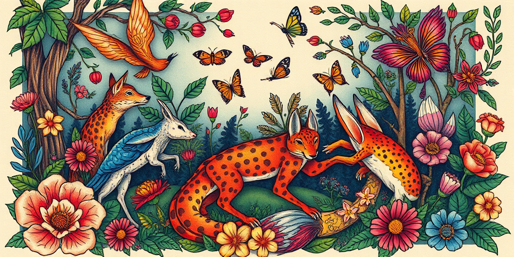 Neo-traditional tattoo called "Enchanted Wilderness" blending vibrant colors with stylized animals and florals creating a whimsical forest scene with hidden magical elements