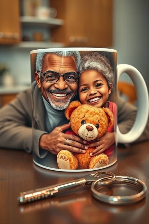 a coffee mug with the image of a smiling elderly African American couple. the mug is on the kitchen table and is filled with coffee.  oil painting effect. Prompt 3: a personalized key chain with the image of a pretty and smiling African American 5-year-old little girl holding her teddy bear. she has 2 afro puffs. the key is on a table. oil painting effect.