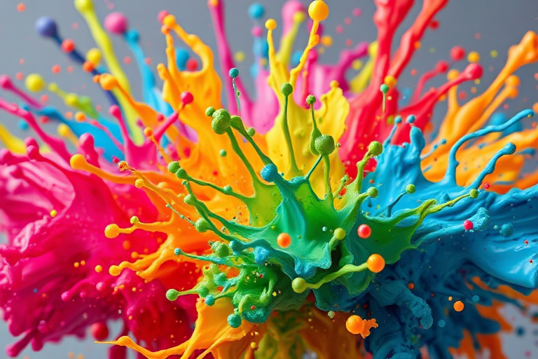 vivid explosion of multicolored paint splashes frozen in motion, macro view, f/2.8 aperture, 1/1000 shutter speed, ISO 100, wide-angle lens, soft studio lighting, high-definition image quality