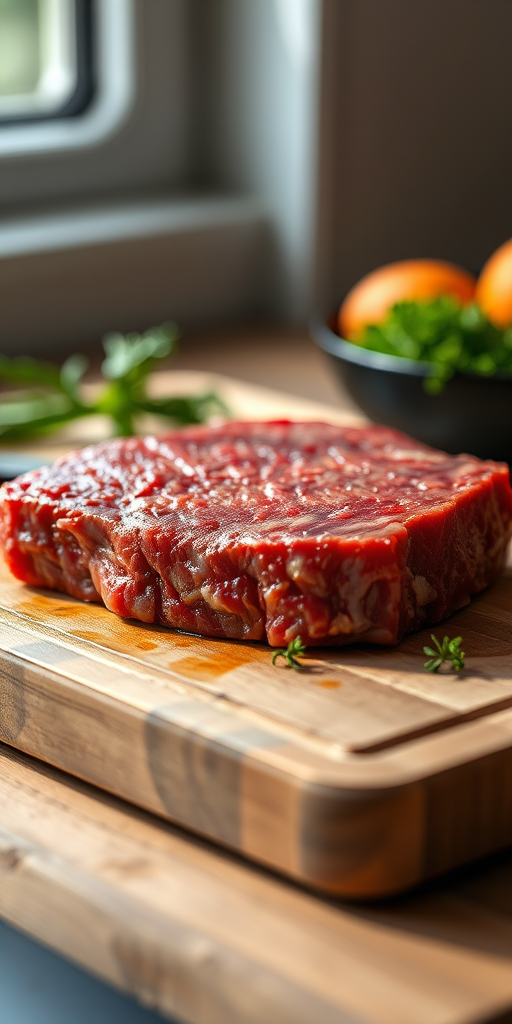 Create a realistic image of a raw steak on a cutting board with natural lighting, using a DSLR camera at f/2.8 aperture, ISO 100, 50mm lens, and a shallow depth of field for focus on the texture of the meat.
