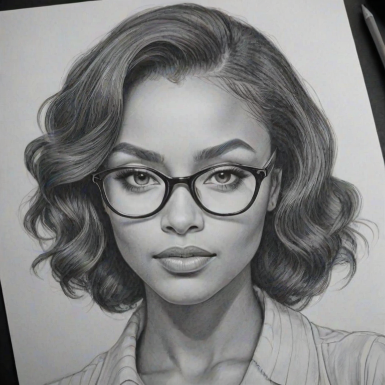 Exquisite Katerina Graham, pencil sketch, portrait of Delightful woman 1935s in glasses, hair style beatnik, outline, clear lines, fine lines, 8k