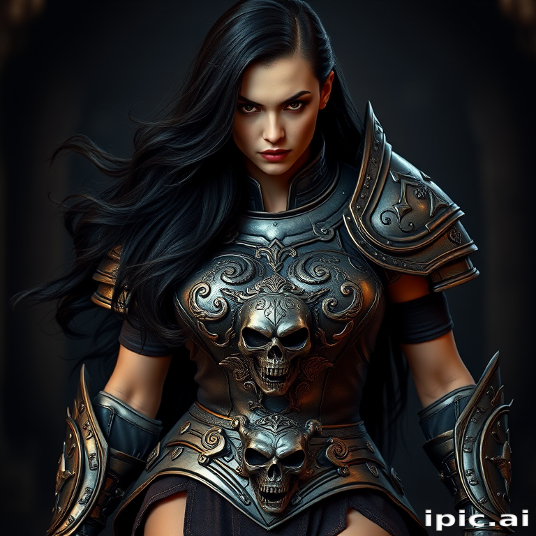 Create a photo of a fierce female warrior with long black hair, wearing an ornate, metallic armor. The armor includes a breastplate with intricate designs, shoulder guards, and gauntlets. The breastplate is decorated with a central emblem, possibly representing a mythical symbol, and has a sculpted, form-fitting design. She wears a belt with a large skull ornament at the center, and her armor extends into a partial skirt, revealing one leg. The overall look is both protective and stylish, with a dark, gothic aesthetic. The background is dimly lit, suggesting a medieval or fantasy setting, enhancing the warrior's imposing presence and intense expression.