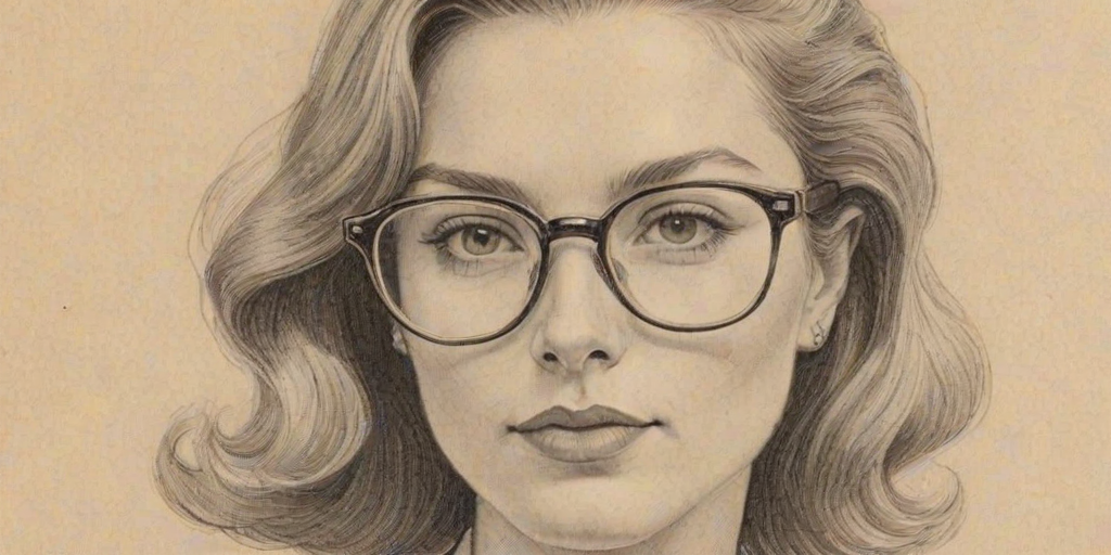 Sublime Julia Fox, pencil sketch, portrait of Pleasing woman 1947s in glasses, hair style beatnik, outline, clear lines, fine lines, 8k