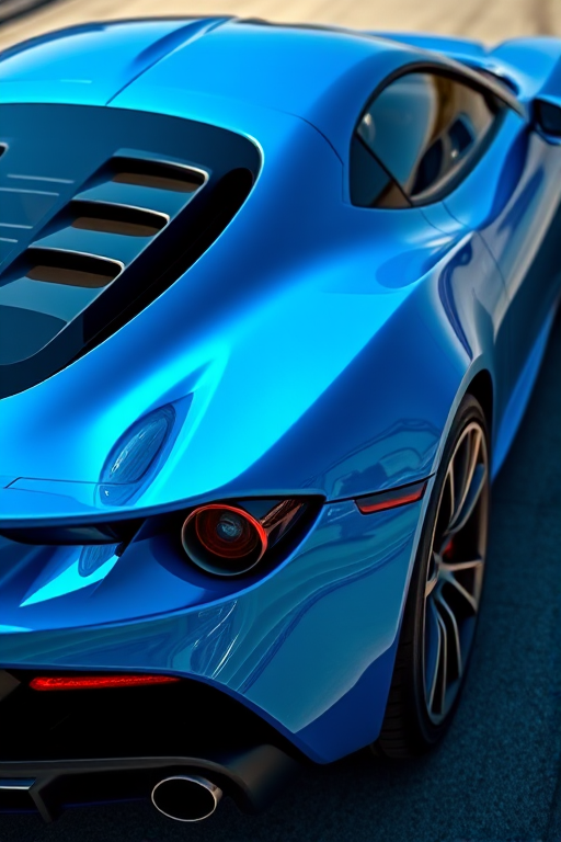 Create a hyper-realistic image of a blue sports car with a sleek design and shiny finishes, depicting it in a dynamic angle, captured with a DSLR camera at 50mm focal length, f/1.8 aperture, ISO 100, in bright daylight, emphasizing details and reflections.