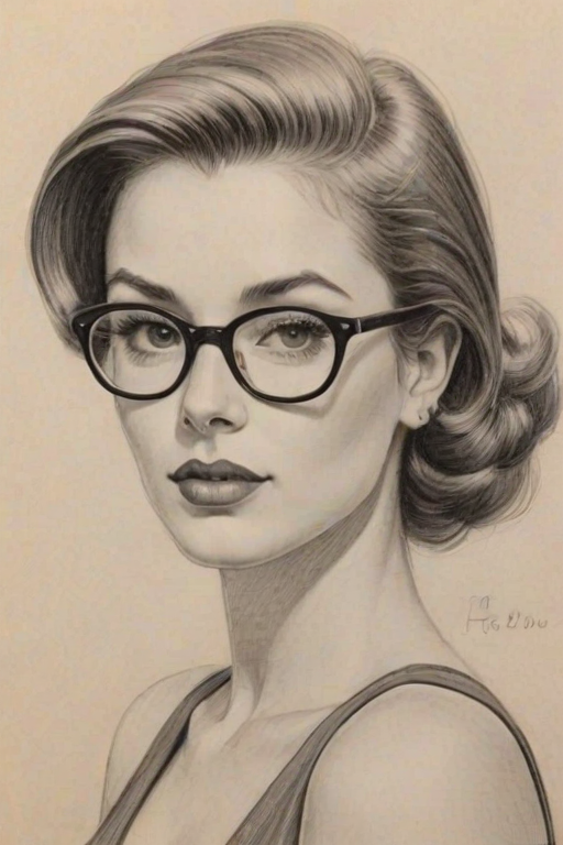 Graceful Kara Killmer, pencil sketch, portrait of Alluring woman 1955s in glasses, hair style beatnik, outline, clear lines, fine lines, 8k