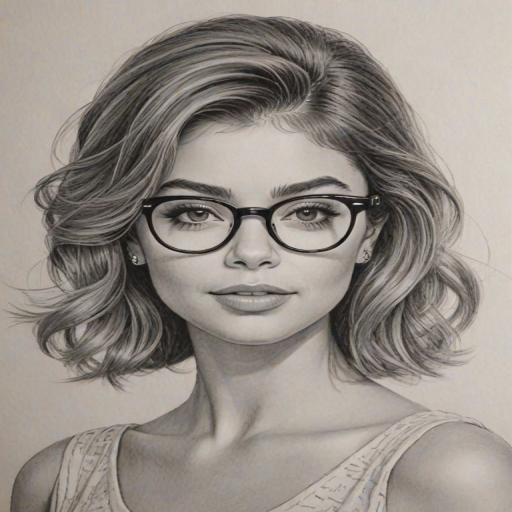 Ravishing Sarah Hyland, pencil sketch, portrait of Stunning woman 1958s in glasses, hair style beatnik, outline, clear lines, fine lines, 8k