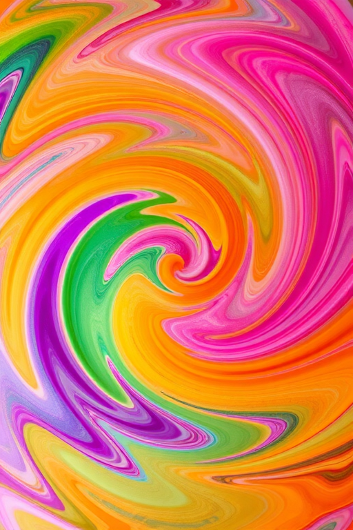 Generate a vibrant abstract swirl pattern with rich colors like green, orange, pink, and purple, using a DSLR camera with a 50mm lens at f/2.8, 1/125s shutter speed, ISO 100, taken from a close-up view to enhance details and depth.
