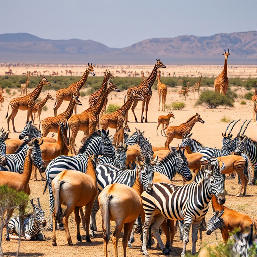 wildlife scene of a diverse animal herd with antelopes, zebras, and giraffes in a sunny desert environment, captured with a Canon EOS 5D Mark IV, 50mm lens, aperture f/4, ISO 200, shutter speed 1/500 sec, in vivid colors and high contrast.
