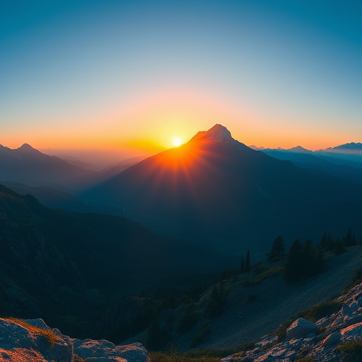 Create a vivid illustration of a serene mountain landscape during sunrise with a clear blue sky, captured with a Canon EOS R5, 24-70mm lens at f/8, ISO 100, shutter speed 1/125s, using a wide-angle view for enhanced depth and clarity.