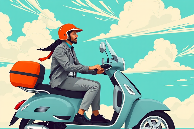 Create an illustration of a couple riding a vintage scooter, wearing stylish outfits and helmets, set against a vibrant turquoise background with dynamic cloud patterns, using a Canon EOS R5, 35mm lens, f/2.8 aperture, captured from a slightly elevated angle for depth, in a high-contrast graphic style for enhanced visual appeal.
