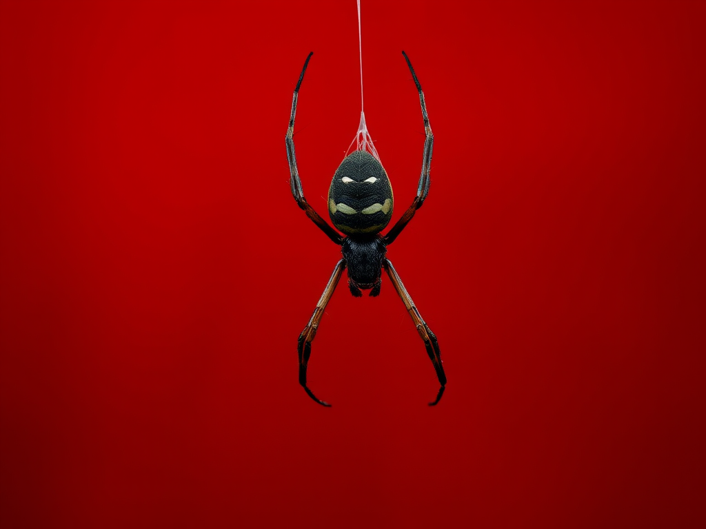 Create a high-resolution image of a black spider hanging from a thin silk thread against a rich red background, using a Canon EOS R5 with a 50mm f/1.2 lens, aperture set to f/2.8, shutter speed at 1/200s, ISO 100, captured from a straight-on angle in portrait mode.