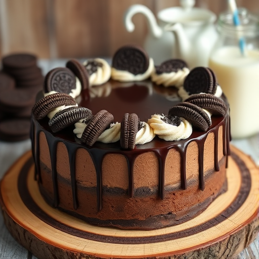 Create an image of a round chocolate cake with a creamy Oreo filling and frosting on top. The cake is decorated with whole Oreo cookies arranged around the edge and has chocolate ganache drizzled down the sides. It is placed on a wooden cake stand with a rustic look, and there are milk and a teapot in the background.