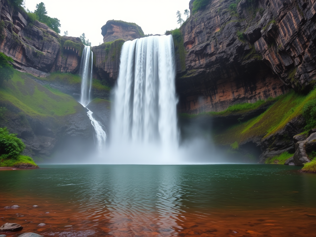 Majestic waterfall cascading into a serene pool, mist rising in the cool air, surrounded by lush greenery and towering rocks.