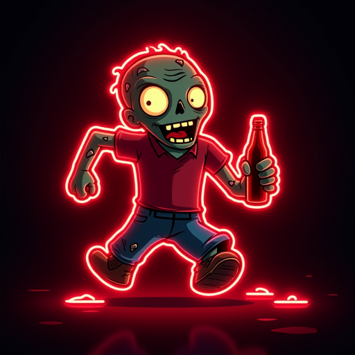 Create an image of a neon sign featuring a cartoon-style zombie in a dynamic pose, holding a bottle. The neon sign should glow in red against a dark background, making the character stand out prominently. The character should appear to be running, capturing attention with its vibrant color and action pose, perfect for advertising or decorative purposes.