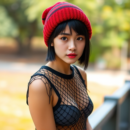 Capture a young woman with short black hair and a red plaid beanie, wearing a black fishnet top, posing thoughtfully by a railing in a natural outdoor setting, using a DSLR camera with a 50mm lens, aperture set to f/1.8 for a shallow depth of field, ISO 200 for bright daylight, and a soft focus background to enhance the subject.