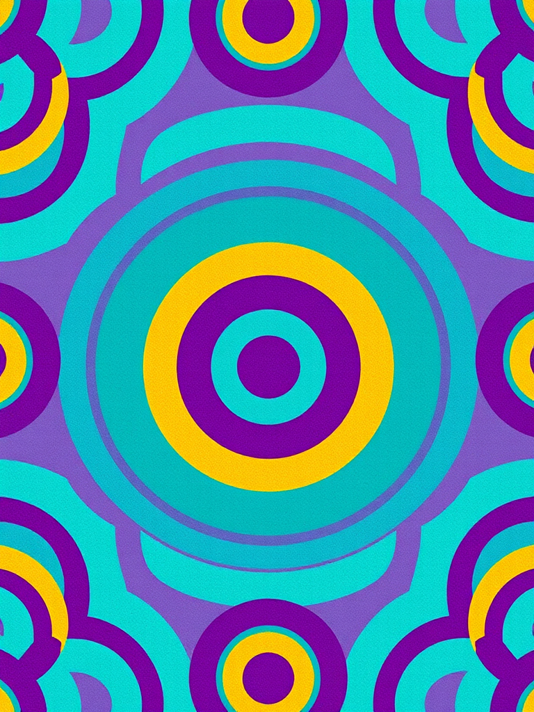 Generate an image of a vibrant, geometric pattern featuring concentric circles in shades of turquoise, purple, and gold arranged in a grid, with high clarity and detail, captured using a DSLR camera with a 50mm lens, aperture f/1.8, ISO 100, and a top-down view to emphasize symmetry and depth.
