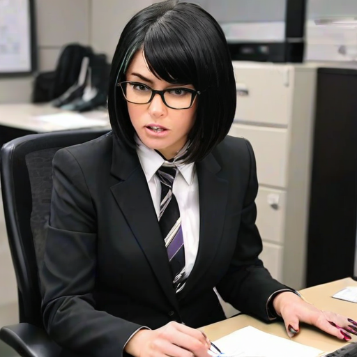 "1girl, solo, angry, black clothing, suit, tie, gloves, black hair, hair covering eye, bob haircut, partial fade, multicolored hair, long hair, glasses, open mouth, office, photocopier,