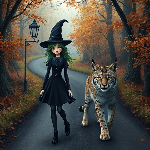 digital art fantasy depicting a strange girl with green hair, long eyelashes, black lipstick and a tall hat walking along a winding road on an autumn afternoon, an Lynx smiles as she passes