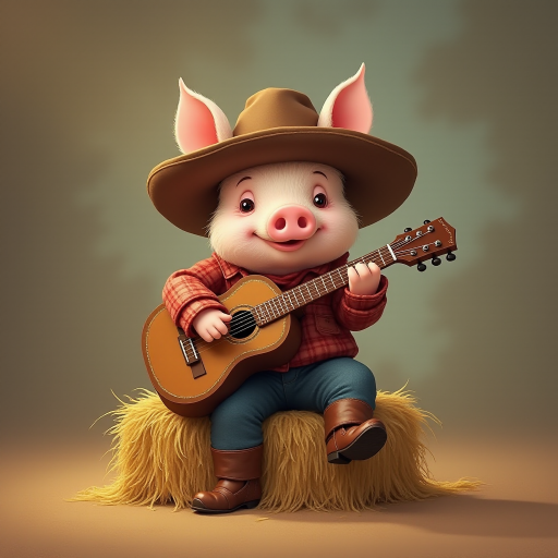 A chibi pig, dressed as a cowboy, playing guitar, sitting on a hay bale