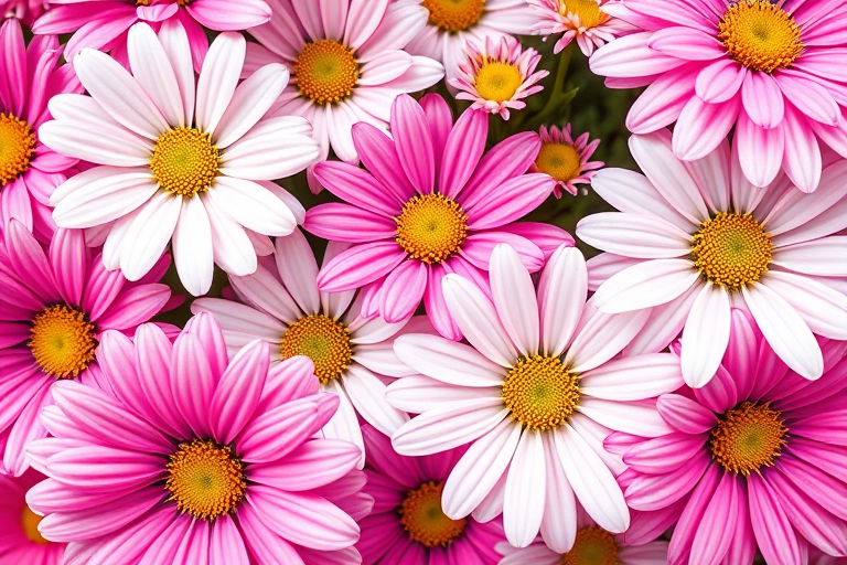 create a vibrant illustration of pink and white flowers with detailed petals and yellow centers, use a macro lens with an aperture of f/2.8 to create a shallow depth of field, set the ISO to 100 for crisp clarity, and capture the image with a DSLR camera from a top-down view for emphasis on the flower arrangement