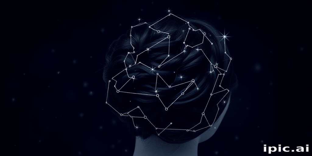 Celestial constellation map etched in shimmering silver against a backdrop of deepest navy, styled in an elegant updo with twinkling star accents