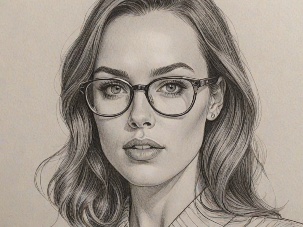 Captivating Jessica McNamee, pencil sketch, portrait of Bewitching woman 1960s in glasses, hair style beatnik, outline, clear lines, fine lines, 8k