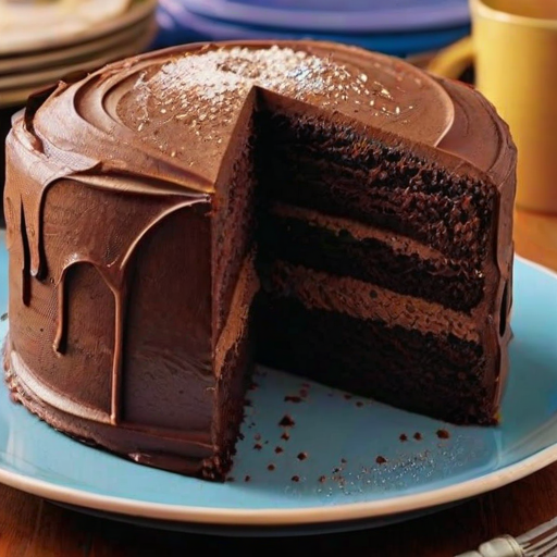 Generate an image of a three-layer chocolate cake with rich chocolate frosting and a dusting of cocoa powder on top. The cake should be presented on a simple blue plate, with a smooth, clean background to highlight its texture and design.