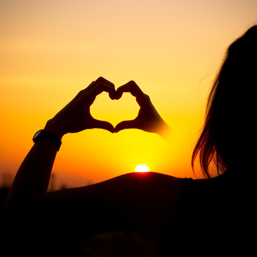 sunset, silhouette, woman, heart shape, hand gesture, warm colors, outdoor, dusk, sky, creative pose, backlit, soft focus, landscape, golden hour, tranquility, leisure activity, nature, serene, orange tones, casual attire