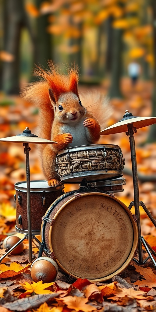 A professional photograph of a quirky squirrel with a fiery red mohawk, energetically playing a whimsical drum set in a vibrant autumn forest. The drum kit is entirely imagined, with bass drums made from hollowed, oversized chestnuts that have been polished to a gleaming finish. The snare drum is crafted from a woven basket of intertwined twigs and leaves, producing a crisp, earthy sound. Cymbals are formed from large, dry maple leaves, their edges curled and textured, hanging on thin branch stands. Smaller acorns serve as tom-toms, and the hi-hat is composed of overlapping oak leaves, delicately stacked on a twig frame. Every element of the drum set is organic, blending seamlessly into the forest floor, which is blanketed in a rich layer of autumn leaves, as the squirrel's paws expertly tap the instruments, filling the scene with the imagined rhythm of nature