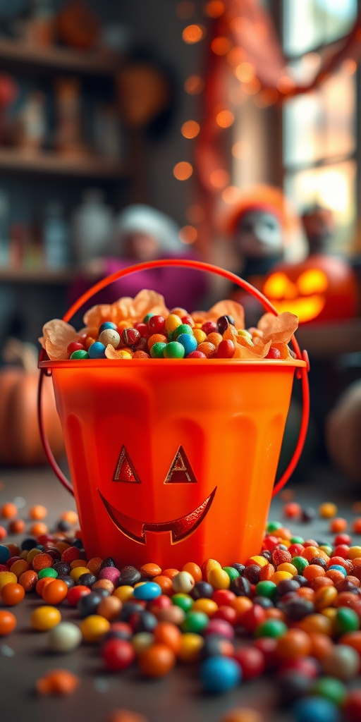 generate an image of a vibrant orange Halloween bucket filled with colorful candies in a festive setting, shot with a Canon EOS R5, 50mm lens, f/1.8 aperture, ISO 100, natural lighting from a soft window glow, shallow depth of field for a dreamy background.