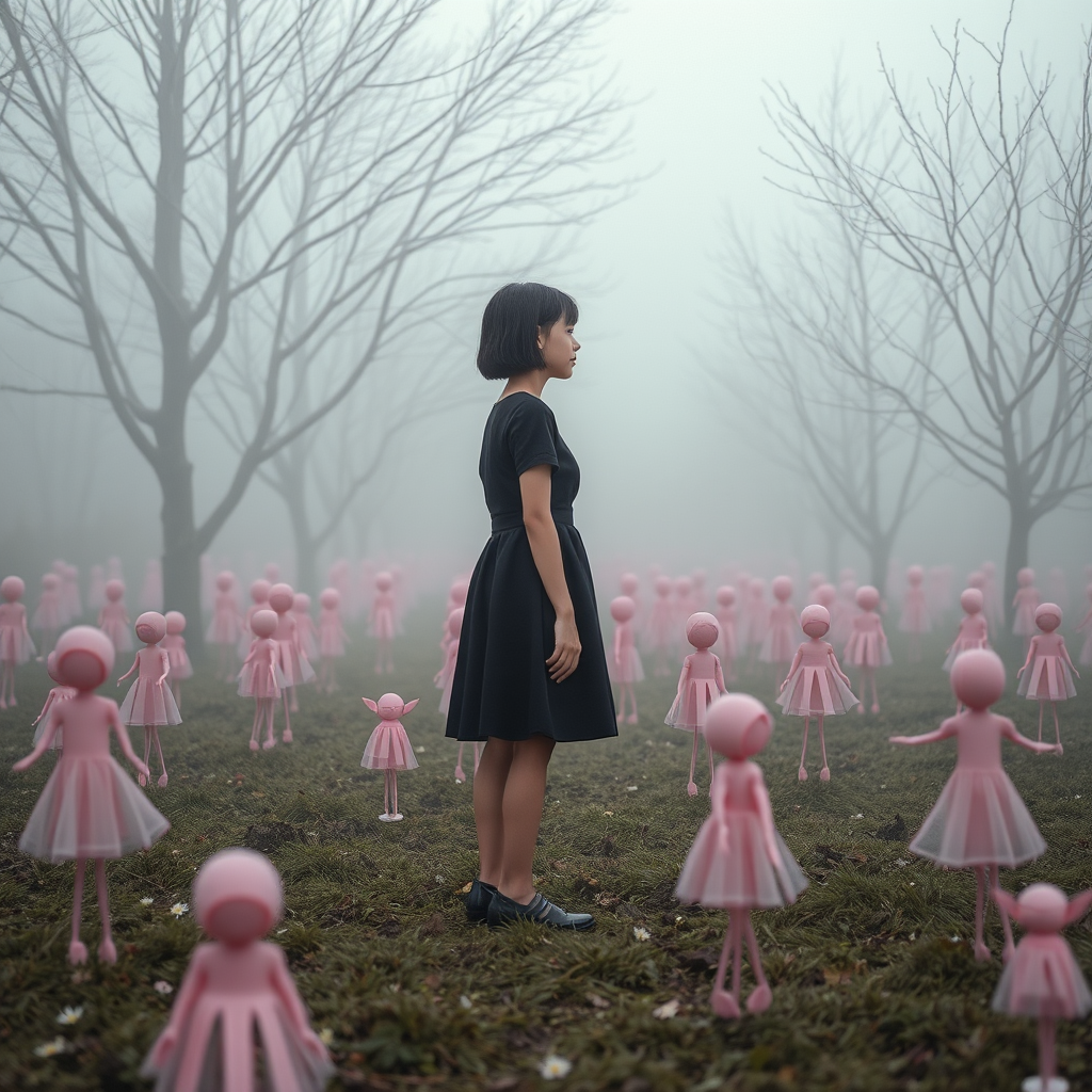 Create a surreal scene featuring a girl with short black hair in a black dress standing amidst whimsical pink doll-like figures in a misty, ethereal landscape with bare trees, captured with a Canon EOS R5, 50mm lens, f/1.8 aperture, ISO 200, in soft focus to enhance the dreamlike quality.