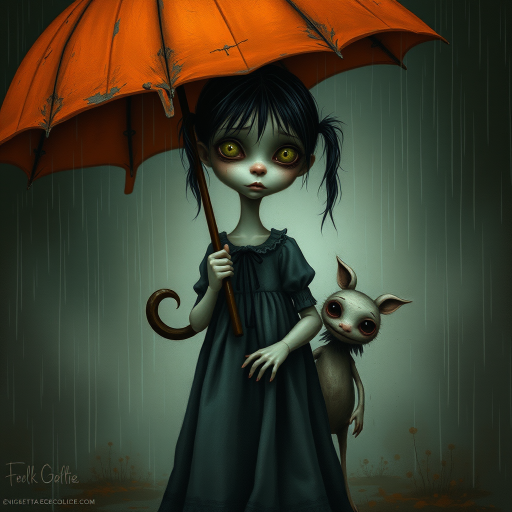 An eerie, weird little girl with dark hair in thin pigtails, wearing a smock dress, standing in the rain, holding a dirty orange umbrella, a small, odd creature beside her. In a surreal style inspired by Nicoletta Ceccoli and Brian Froud. Dark fantasy themes