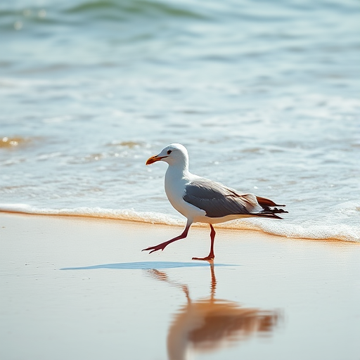 regenerate an image of a seagull walking along the shore near gentle waves, captured with a DSLR camera at f/8 aperture, 1/200s shutter speed, ISO 200, in natural diffused sunlight, using a 50mm lens for sharp focus and a shallow depth of field
