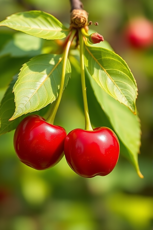 Generate an illustration of two red cherries with green leaves, using a DSLR camera with a 50mm f/1.8 lens, ISO 100, aperture f/2.8, 1/200 sec shutter speed, in soft natural lighting and a shallow depth of field for a vibrant emphasis on the fruit.